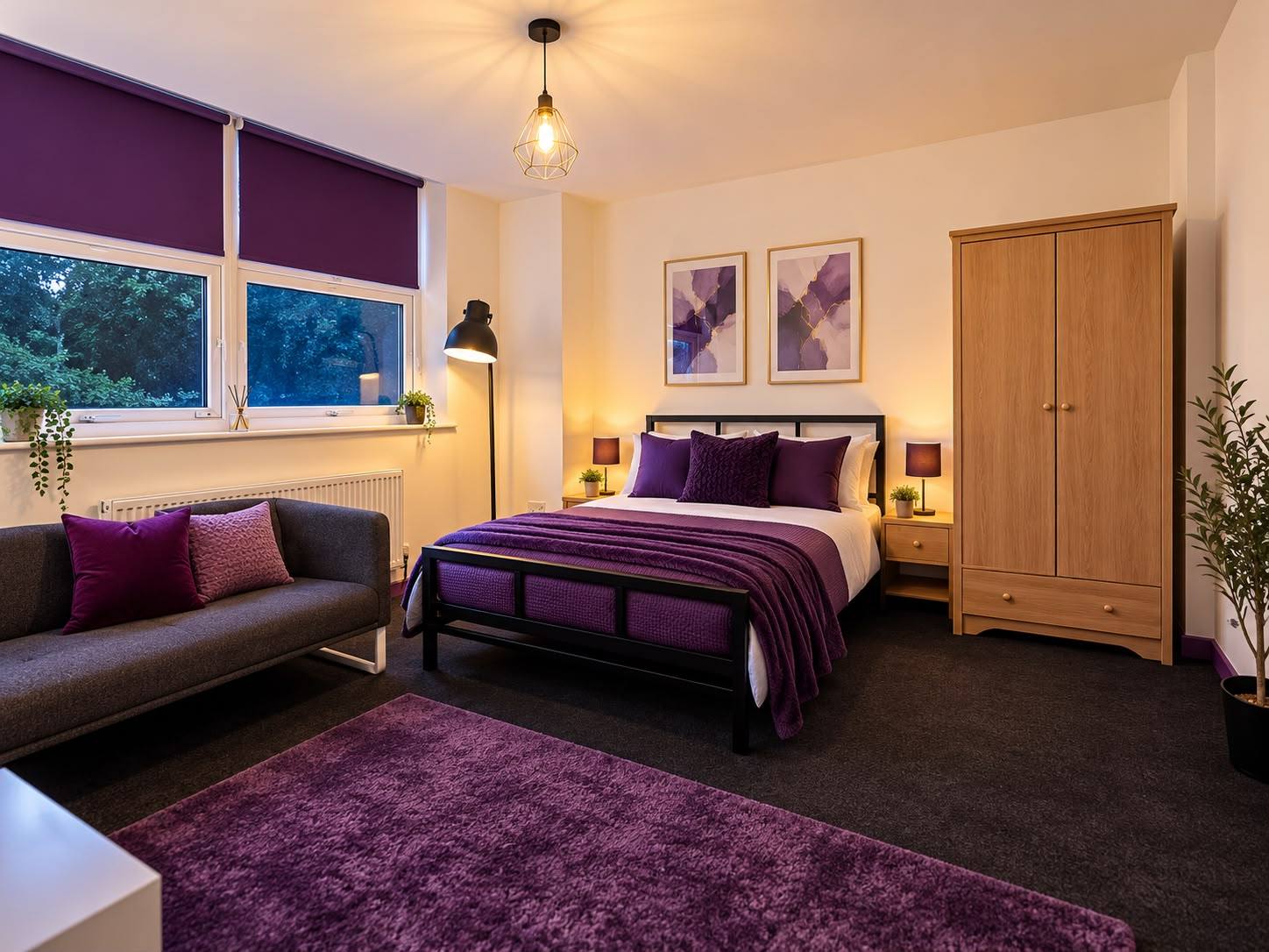 A spacious bedroom with a double bed, an oak wardrobe, bedside lamps, a sofa and large windows.