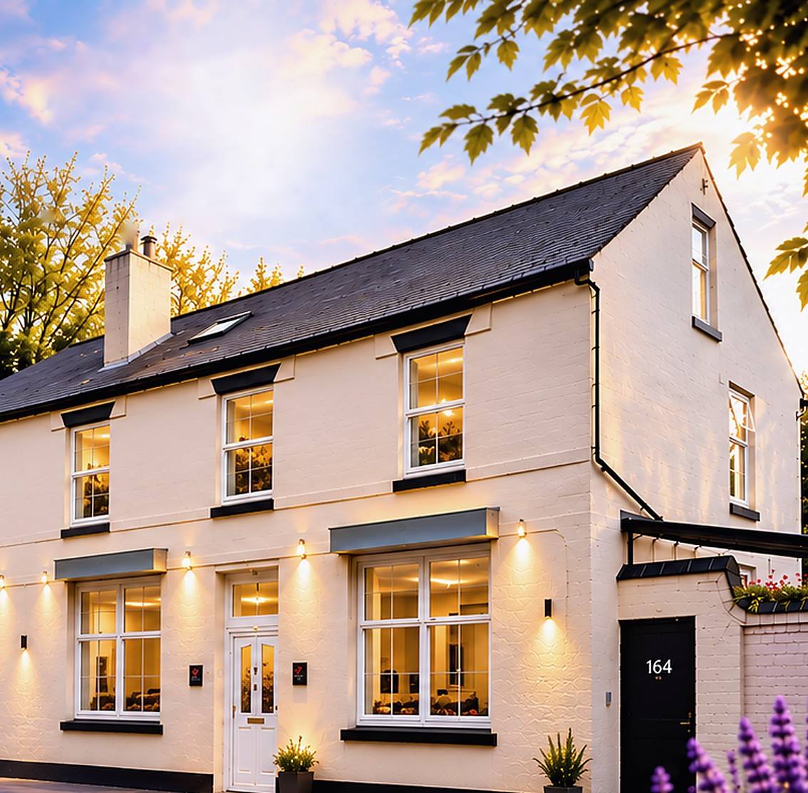 A cream-painted two-storey house at sunset, with warm lights glowing in its windows and lavender by the door.