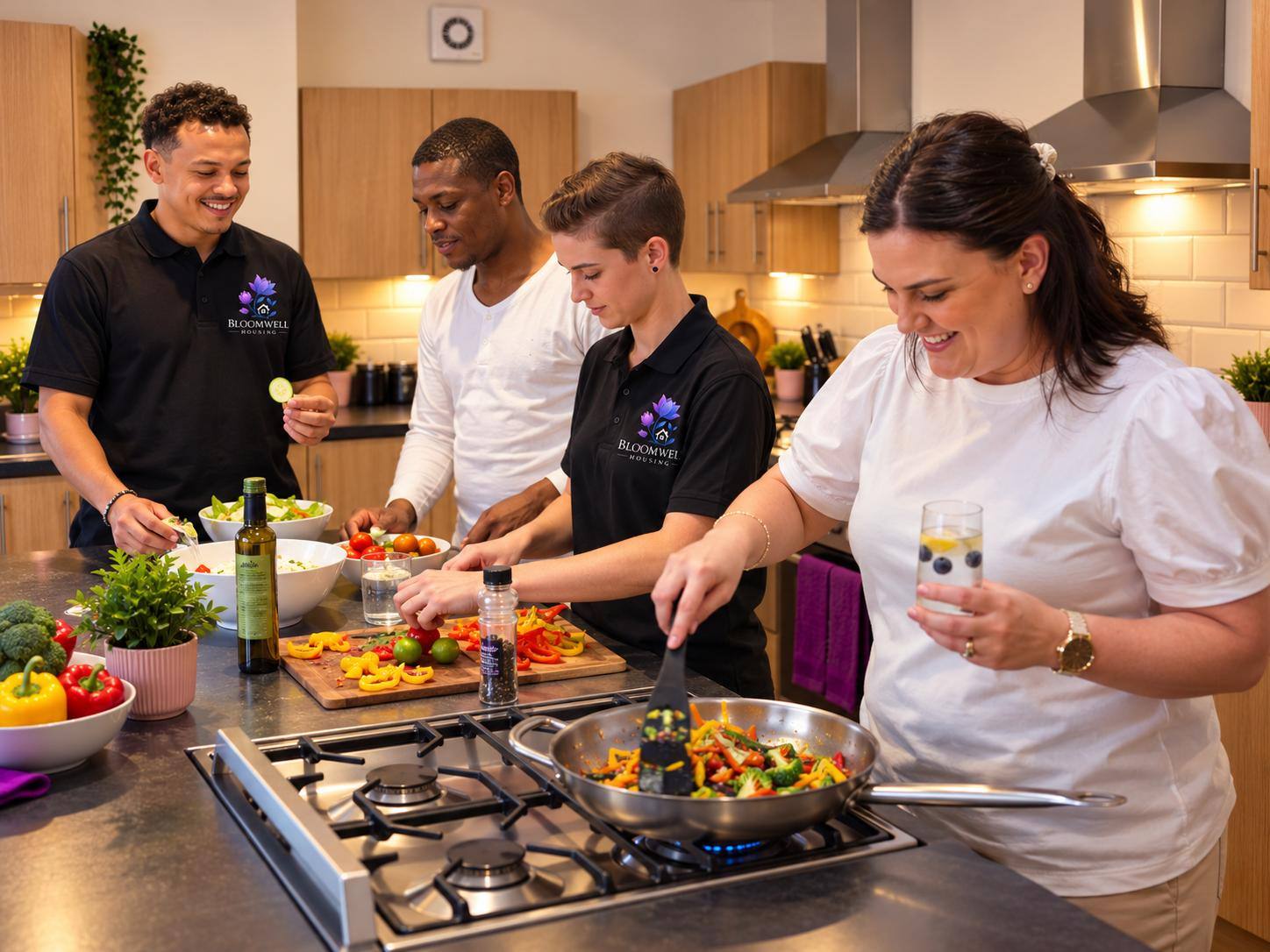 Two Bloomwell team members cooking with two other people in a shared kitchen, chopping vegetables and stirring a pan.