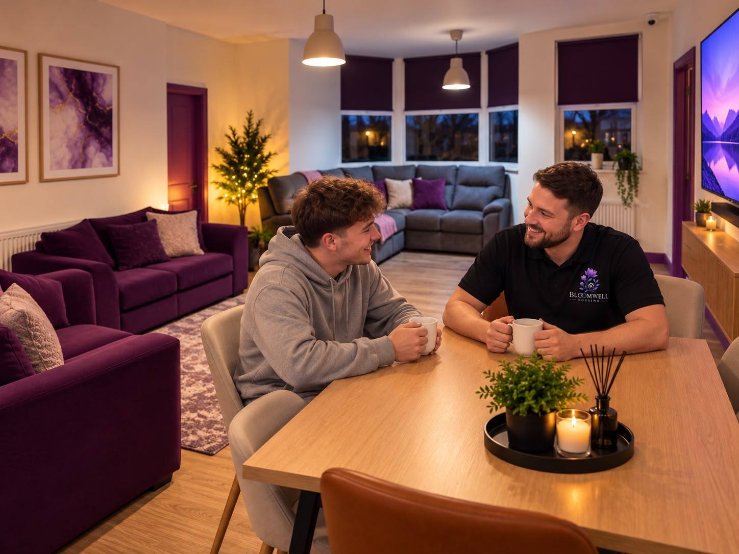 A Bloomwell team member and a young man chatting over mugs of tea at the dining table in the shared lounge.