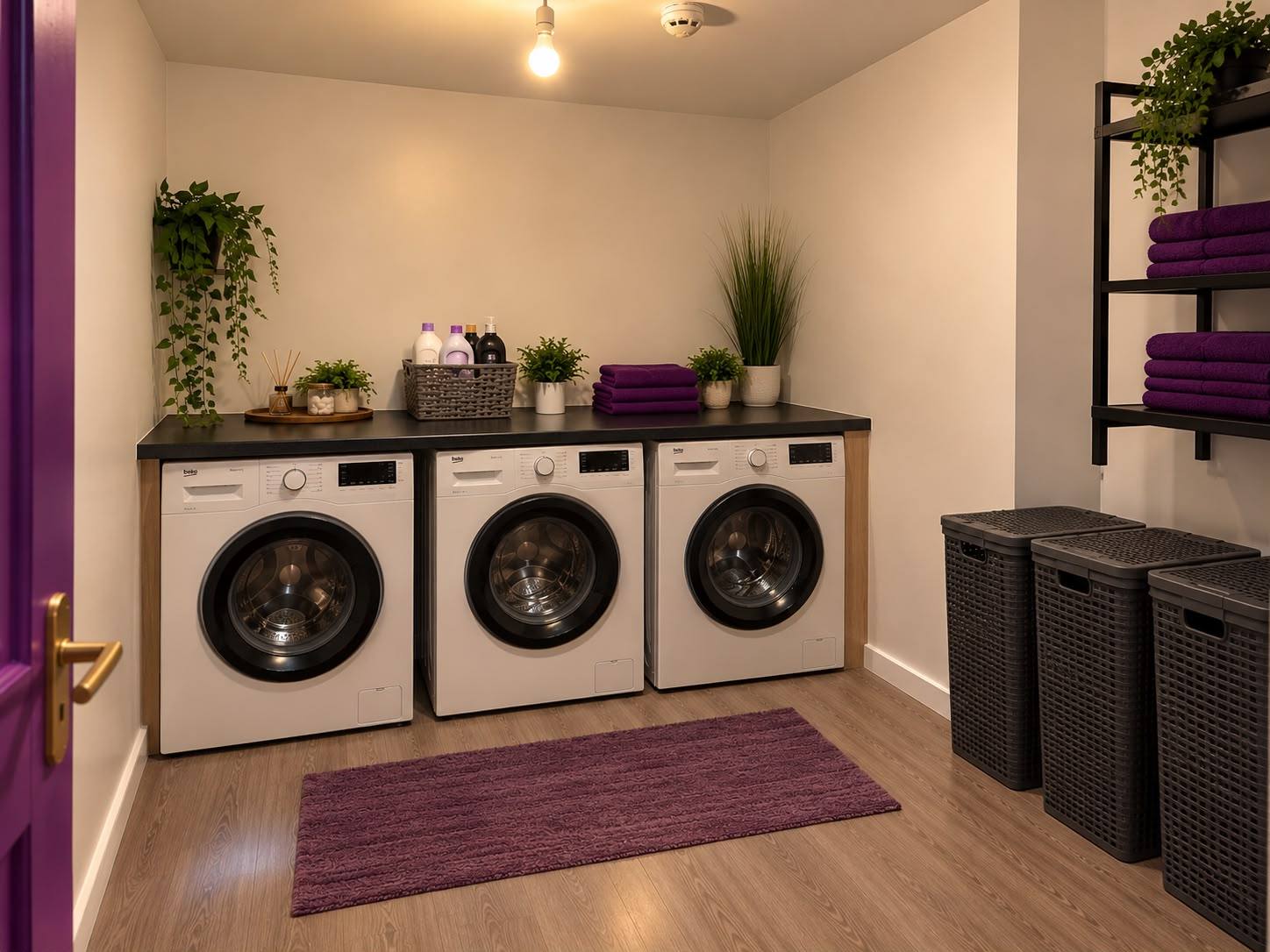A laundry room with three washing machines, a worktop with supplies and laundry baskets.