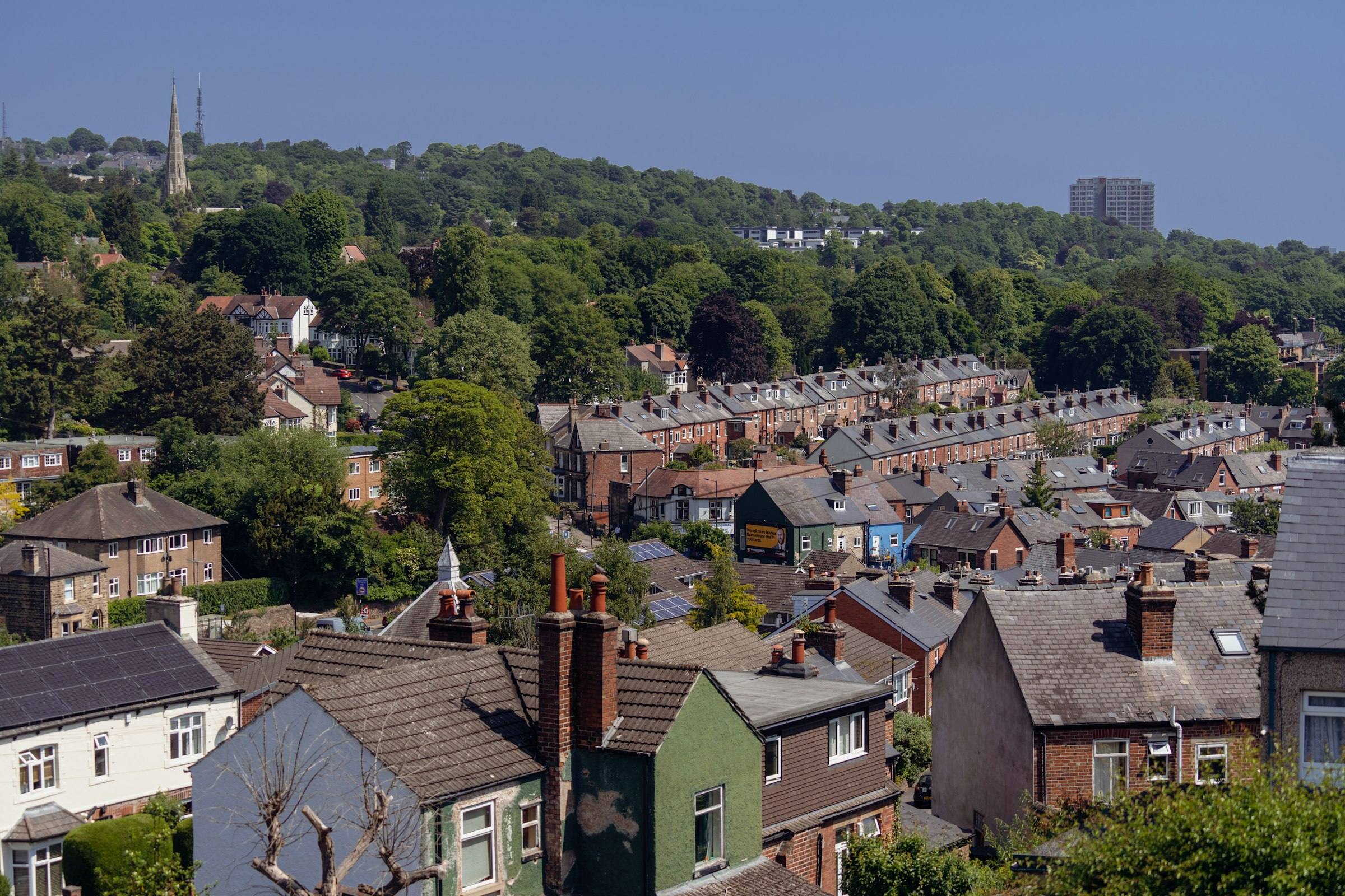 Rooftops and chimneys of terraced houses in Sheffield, with trees and a church spire on the hill behind.