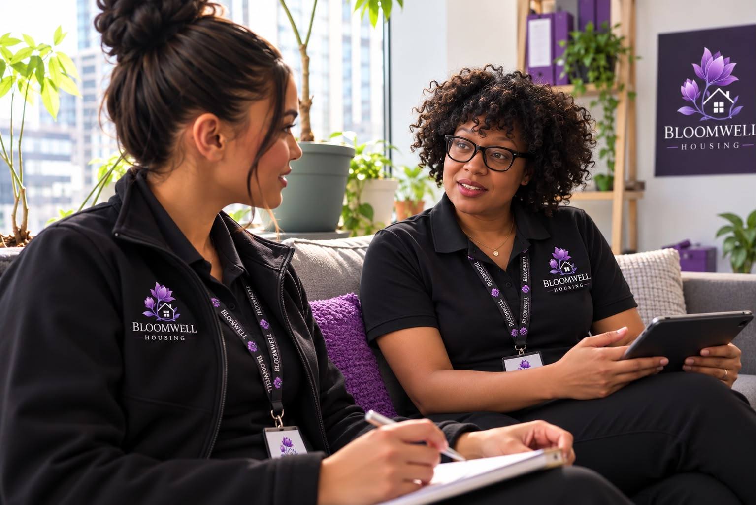 Two Bloomwell Housing support workers in branded uniforms talking together on a sofa, one taking notes.