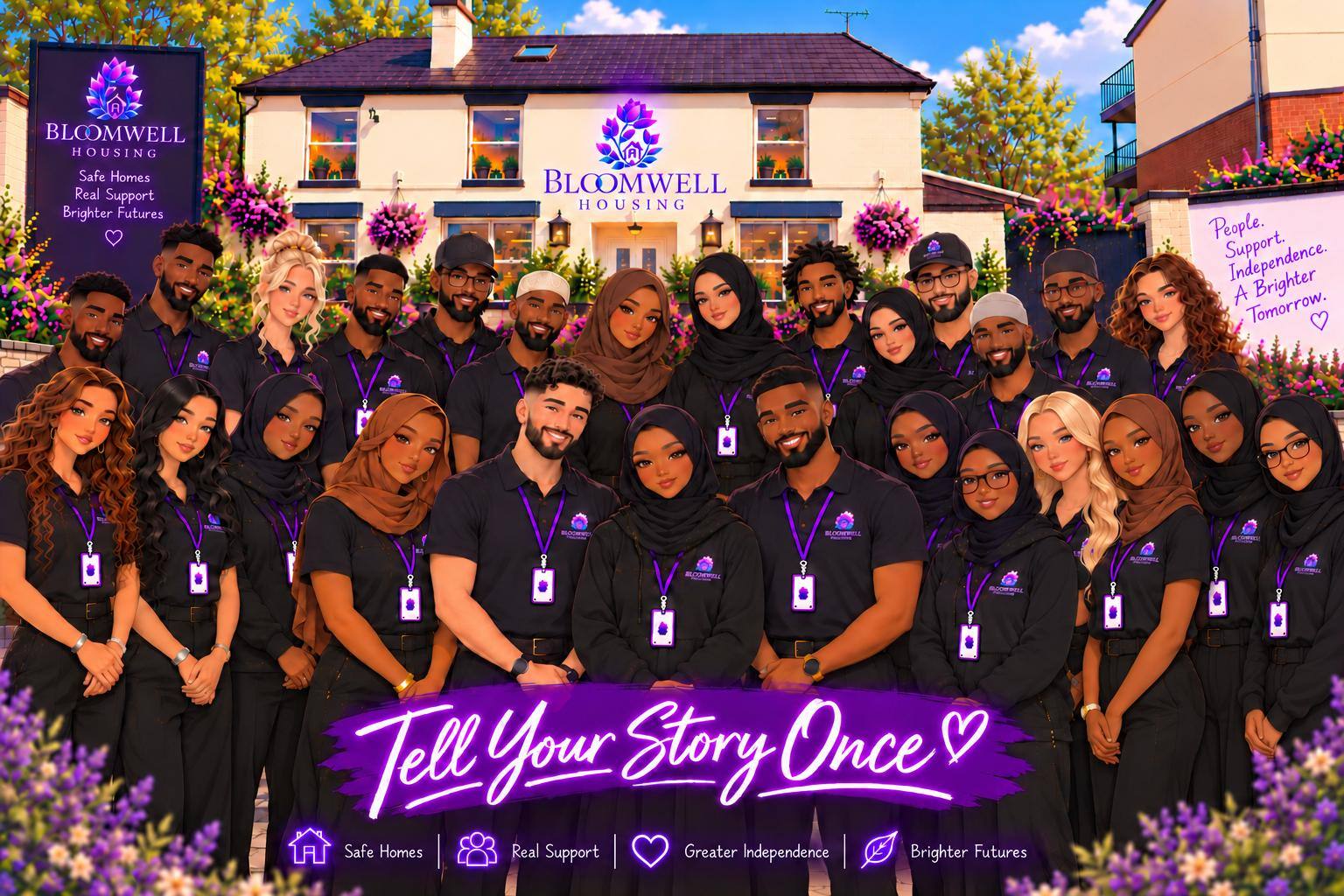 Illustration of the Bloomwell Housing team standing together in front of the house, with the words Tell Your Story Once, and Safe homes, Real support, Greater independence, Brighter futures.